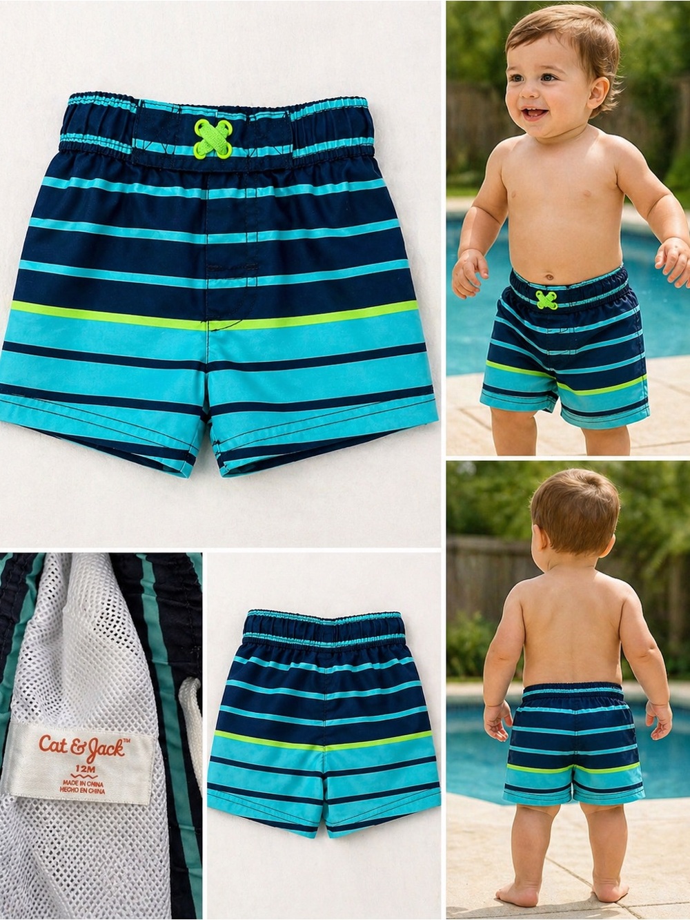 Cat & Jack Navy, Teal & Neon Green Striped Toddler Swim Shorts